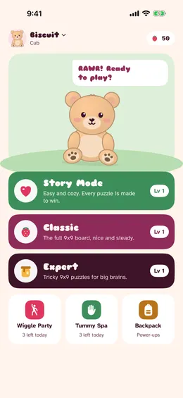 The rawrDoku home screen with Biscuit the bear in the Bear Den